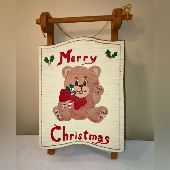 Source Unknown Other - Christmas Decor: Vintage, Wood, Hand-Painted Old-Timey Sled, Cheerful Teddy Bear